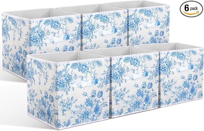 Geelin 6 Pcs Blue Floral Cube Storage Bins 11 Inch Blue Flower Storage Basket with Handle, Preppy Girls Organizer Basket, Col