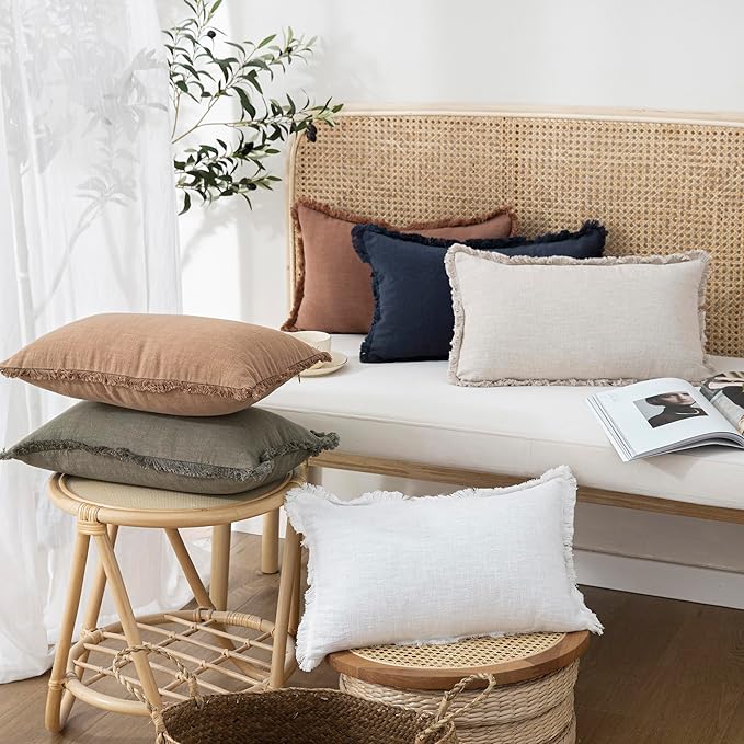 Foindtower Set of 2 Decorative Linen Fringe Lumbar Throw Pillow Covers Boho Farmhouse Cushion Cover with Tassels Cozy Accent 