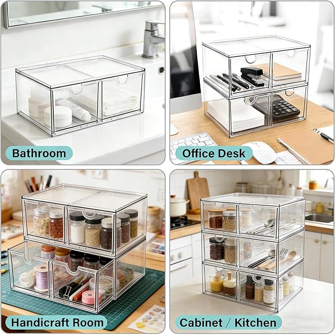 Prsildan Stackable Clear Makeup Organizer Acrylic Storage Drawers with 2 Drawers for Vanity Bathroom Office Desk Modular Draw