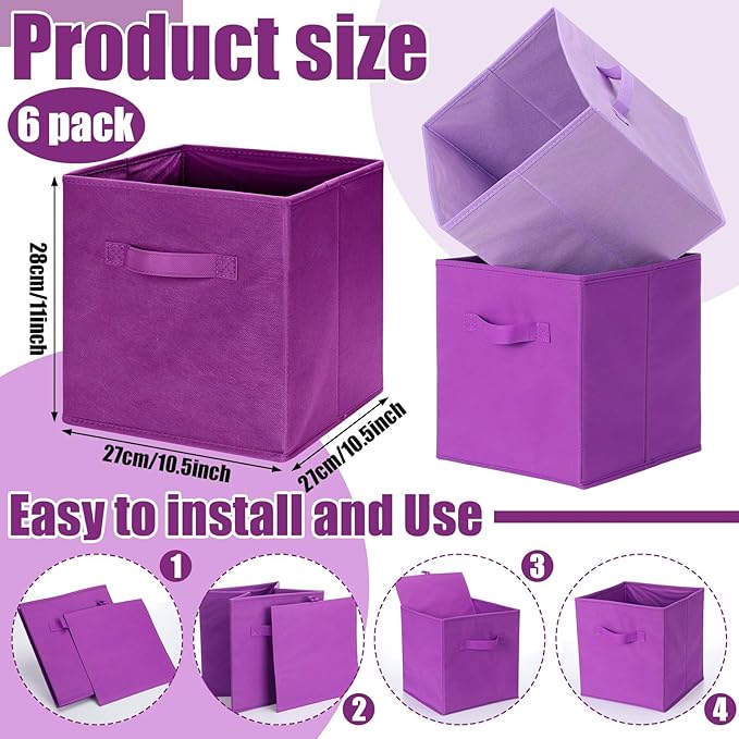Karenhi 11" x 10.5" x 10.5" Purple Storage Cube, 6 Pack Fabric Cube Storage Bins Organizer Box, Collapsible Baskets with Hand