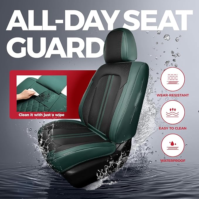 FREESOO Leather Car Seat Covers Full Set, Green Black Waterproof Seat Covers for Cars Trucks SUV, Luxury Front Car Seat Cover