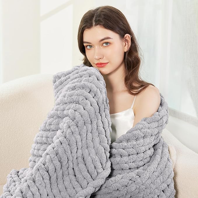 Admitrack Chunky Knit Blanket Throw, 100% Hand Knit Chenille Throw Blanket for Sofa & Home Decor, Soft and Cozy Knitted Throw