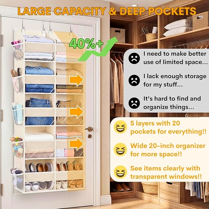 Ofiray-home Over the Door Organizer 5 Tiers,Extra Large Behind Door Storage of 10 Compartments,80 lbs Weight Capacity Over th