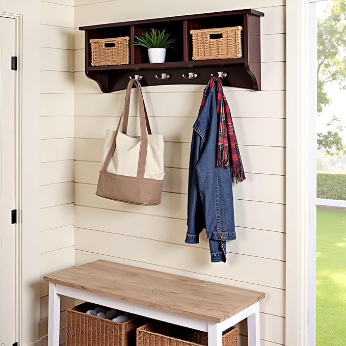 Shaker Cottage Wall-Mounted Coat Rack with 3 Storage Cubbies and 4 Hooks – Space-Saving Storage Rack and Wall Shelf Organizer
