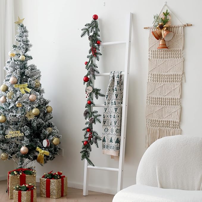 FUIN 6ft Wooden White Blanket Ladder Living Room Decorative Wall Leaning Farmhouse Quilt Display Holder Rustic Wood Towel Rac