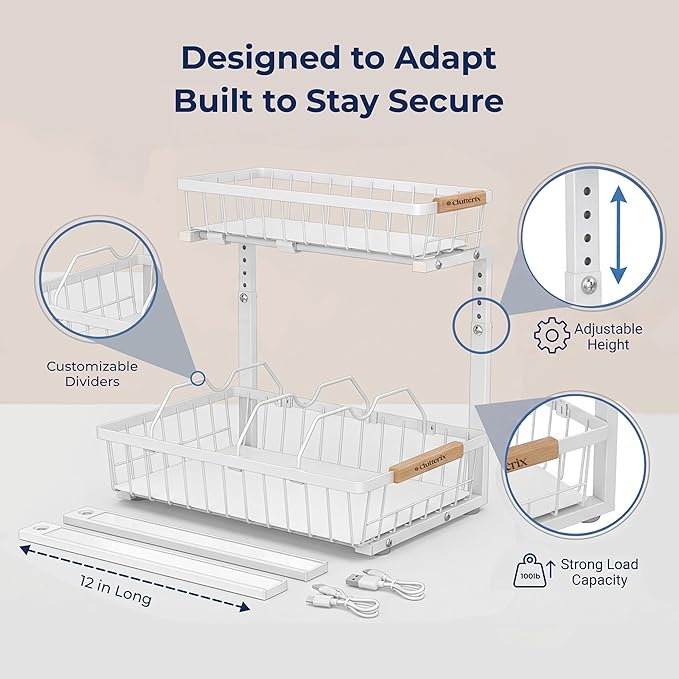 Under Sink Organizer, 2 Pack, 2 Tier Sliding L-Shaped Carbon Steel Rack with Adjustable Height, Motion-Activated LED Lights, 