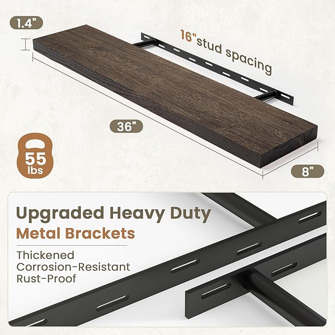 Fun Memories Solid Elm Wood Floating Shelves Set of 2-36 Inch Rustic Wall Shelves with Heavy-Duty Invisible Brackets - for Li