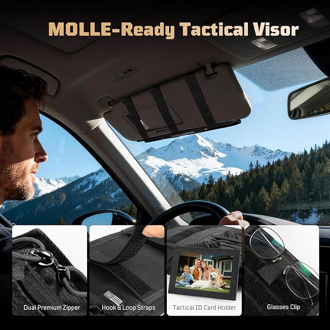 OneTigris Tactical MOLLE Sun Visor Organizer - Multi Pockets Car Visor Panel with Zipper Pouch, Detachable Photo/Info Panel & Glasses Clip for EDC Gear