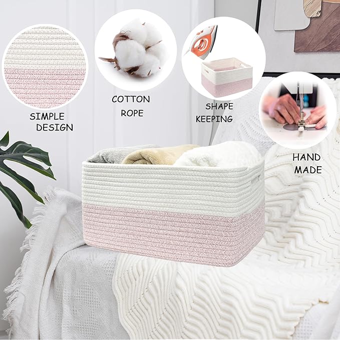 COMFY-HOMI Cotton Rope Woven Basket with Handles for Shelves,Toys,Book, Cloth Storage Baskets for Organizing-17" x 13" x 7.5"