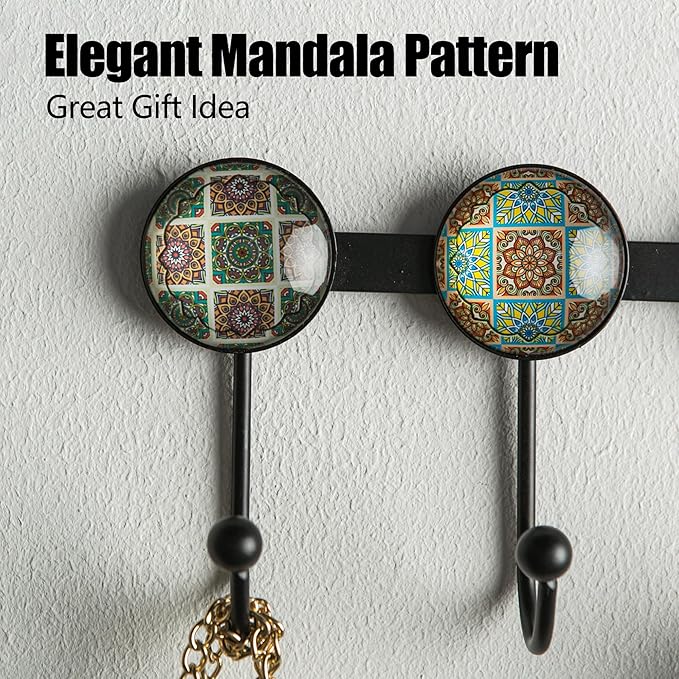Boho Coat Rack Wall Mounted with 5 Hooks, Forest Theme Mandala Pattern Decorative Wall Hooks for Hanging Hat, Key, Towel, Pur