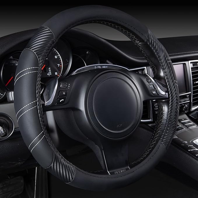 CAR PASS Line Rider Microfiber Leather Sporty 14.5-15 inch Steering Wheel Cover Universal Fits for 95% Truck,SUV,Cars, Anti-S