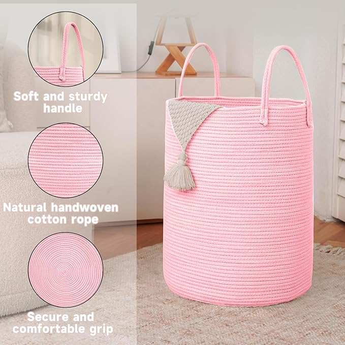JMvicyroam Large Woven Laundry Basket Hamper,80L Cotton Rope Storage Bin for Blankets,Toys and Clothes,Decorative Tall Nurser