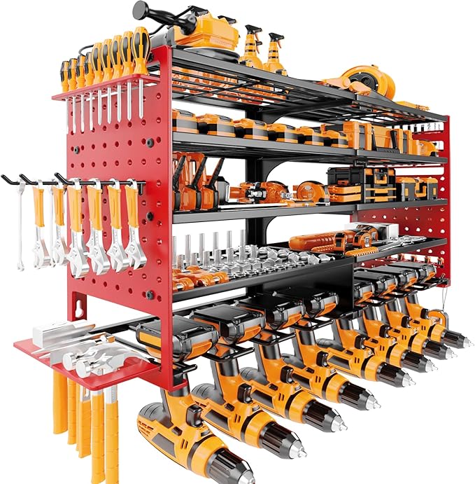 5 Layers Power Tool Organizer Wall Mount, Metal Cordless Tool Hanger Storage Rack Holder with 8 Drill Holders, Heavy Duty Gar