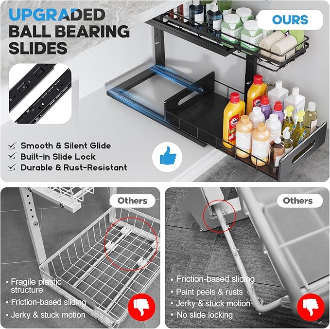 Under Sink Organizer Upgrade To Professional Rails,2-Tier Dual Pull Out Cabinet Storage,Height Adjustable Slide Out Drawers F