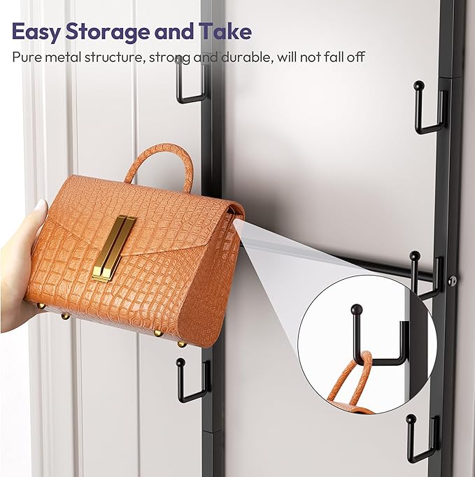 SWTYMIKI Over The Door Purse Organizer - Wall Mounted Purse Rack with 10 Hooks and Metal Basket, Handbag Hanger Organizer Hol