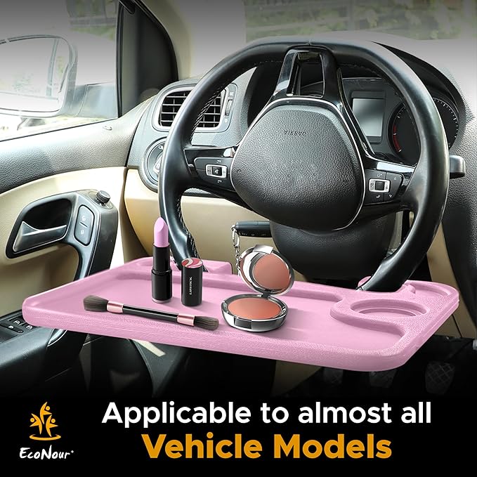 EcoNour 2 in 1 Car Steering Wheel Desk | Steering Wheel Tray for Laptop and Food | Pink Table Tray for Eating with Drinks Holder | Car Accessories