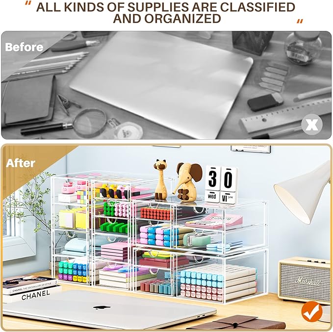 Makeup Organizer Storage with 16 Drawers, 4 Pcs Desktop Office Supplies, Desk Organizers, Clear Accessories, Dustproof Storag