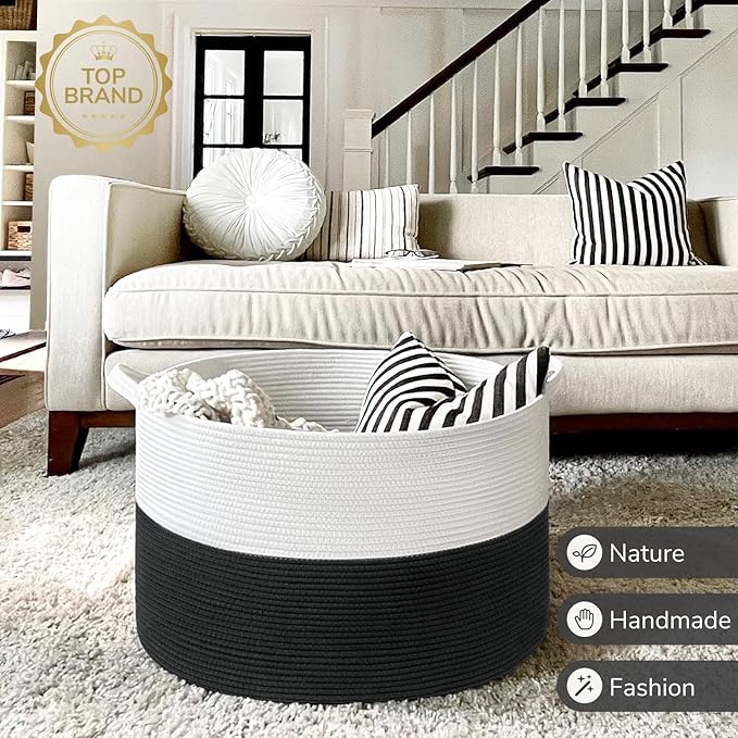 INDRESSME Large Cotton Rope Baskets for Storage, 21.7 x 13.8 Blanket Storage for Living Room Toy Baskets Kids, Baby Laundry B