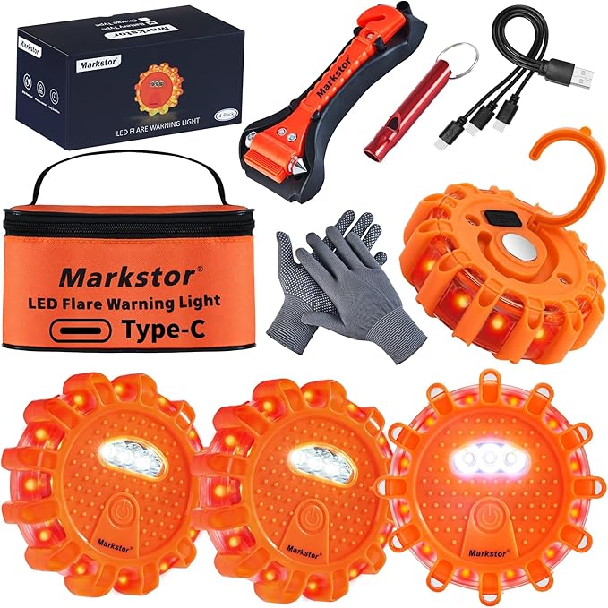 Led Road Flares 4 Pack LED Flares Emergency Kit, USB Recharge Amber LED Flares Warning Light with Magnetic, Roadside Safety D