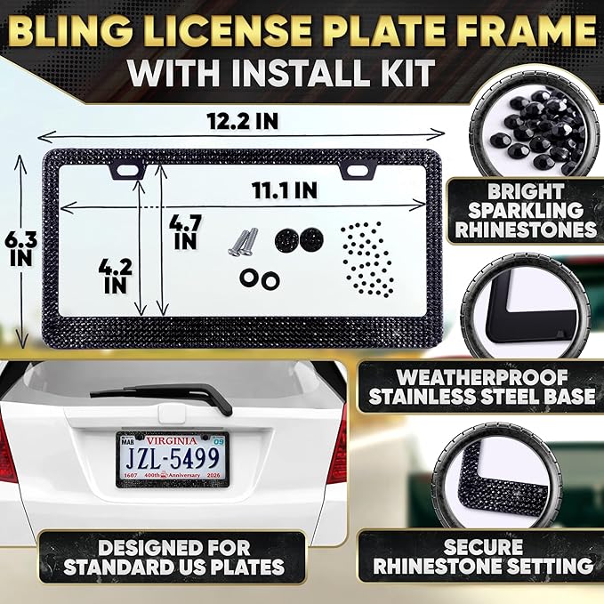 Black Bling Car Accessories Set - 27 Pieces Car Interior Kit with Rhinestone Steering Wheel Cover, Diamond License Plate Frame, Phone Holder, Coaster & Hook, Great Gift for Drivers