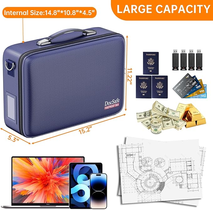 DocSafe Fireproof Document Box with Lock＆Shoulder Strap,Hard Case File Organizer with Accordion File Folder,Multi-Layer Porta