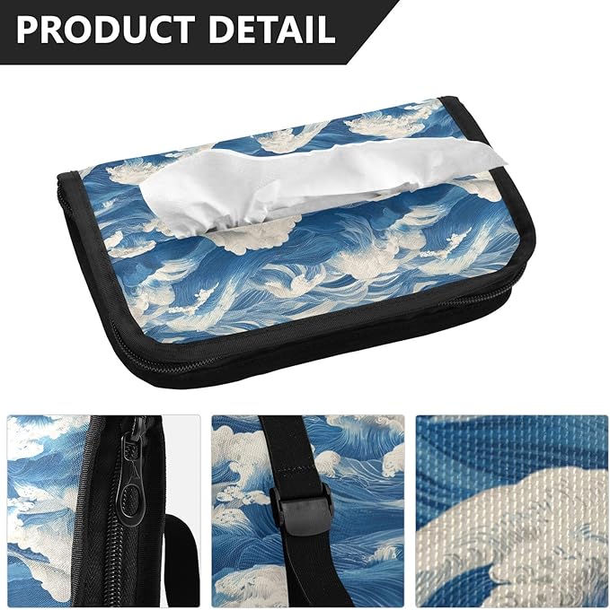 Car Tissue Holder Car Visor Organizer Tissue Box Holder for Car Sun Visor Organizer with Car Vehicle Accessories Essentials Interior for Women Men Blue Waves WhiteFoam Textures