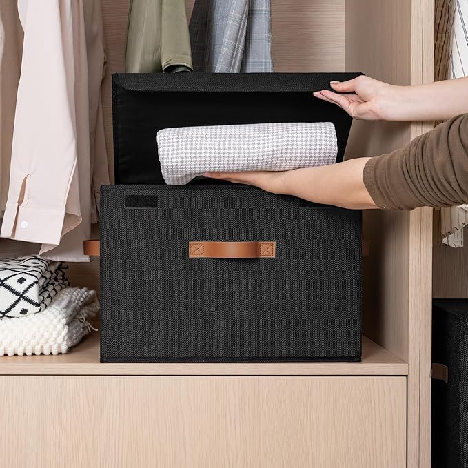 GRANNY SAYS Black Storage Bins with Lids, Decorative Storage Boxes with PU Handles, Linen Closet Organizer, Storage Baskets f