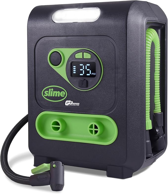 Slime 40085 Tire Inflator, Cordless, Multi-Purpose, Portable Air Compressor Pump, Auto Shut-Off, Lithium Ion Battery and LED Light, Rechargeable, 6 min Inflation