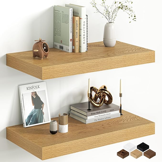 Fun Memories 12 Inch Deep Oak Floating Shelf, 24 x 12 Rustic Wood Wall Shelf for Books, 2" Thick Deep Floating Shelf for Stor