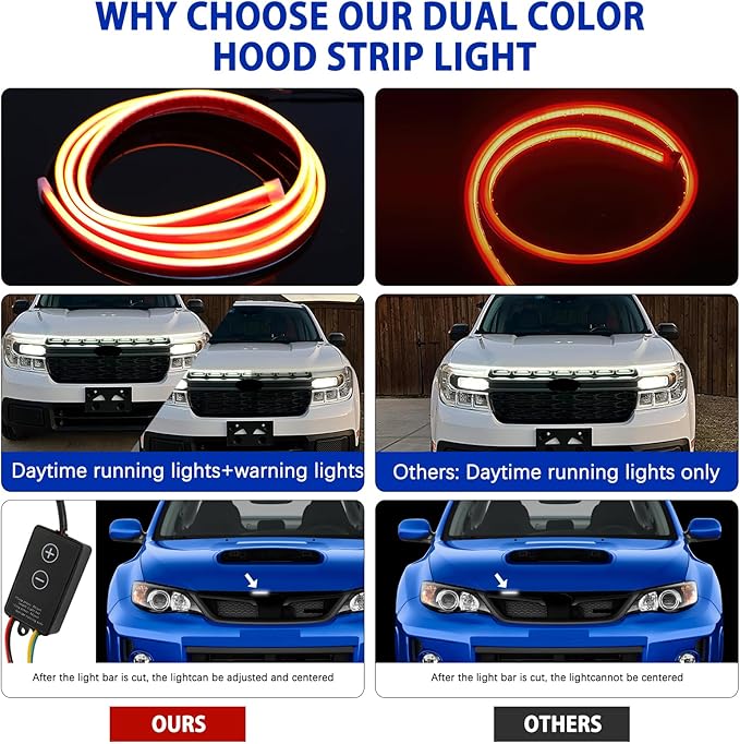 DREAMIZER Car Hood Light Strip 94" Dual Color Dynamic Scan Start Up Car Hood Light Strip Sequential Flowing Daytime Running Lights Turn Signal Lights for Cars,SUV,Trucks