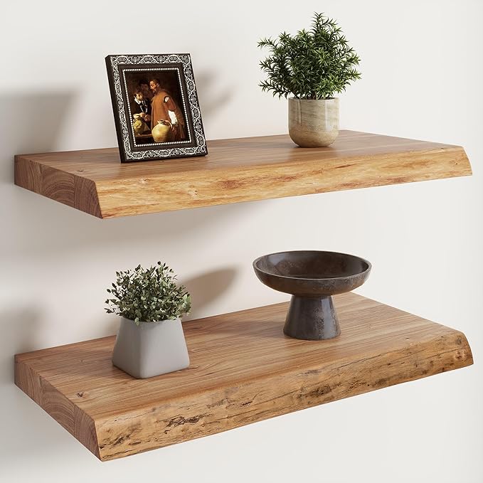 RICHFOCUS Live Edge Elm Floating Shelves - 24" W x 9.3" D Rustic Solid Wood Wall Shelves with Invisible Bracket, Wall-Mounted