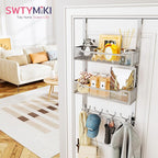 SWTYMIKI Over The Door Hook with 16 Hooks & 2 Mesh Baskets - Heavy Duty Over The Door Organizer Hanger for Towels, Coats, Clo