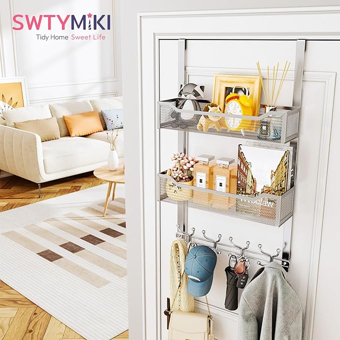 SWTYMIKI Over The Door Hook with 16 Hooks & 2 Mesh Baskets - Heavy Duty Over The Door Organizer Hanger for Towels, Coats, Clo