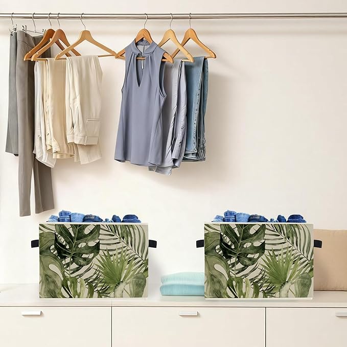 Boho Tropical Botanical Storage Box Bins, Green Monstera Palm Plant Leaf Collapsible Storage Basket Organizer for Bedroom Lau