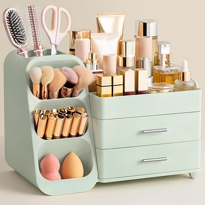 HBlife Makeup Organizer with Brush Holder for Vanity, Large Plastic Bathroom Countertop Organizer Skin Care Storage, Easy to 