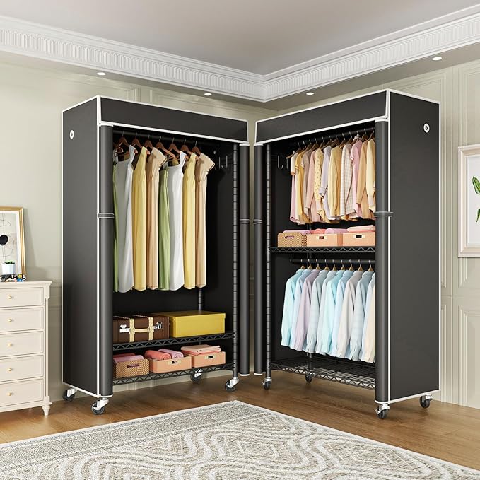 FUTASSI Clothing Rack with Cover, P1C Rolling Closets with Wheels, Metal Garment Rack for Hanging Clothes, Clothing Storage W