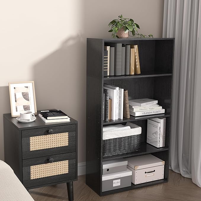 4 Tier Book Shelf, 4 Cube Storage Organizer,4 Tier Low Bookcase Storage Display Organizer, 44 Inch Versatile Cubes Shelf and 