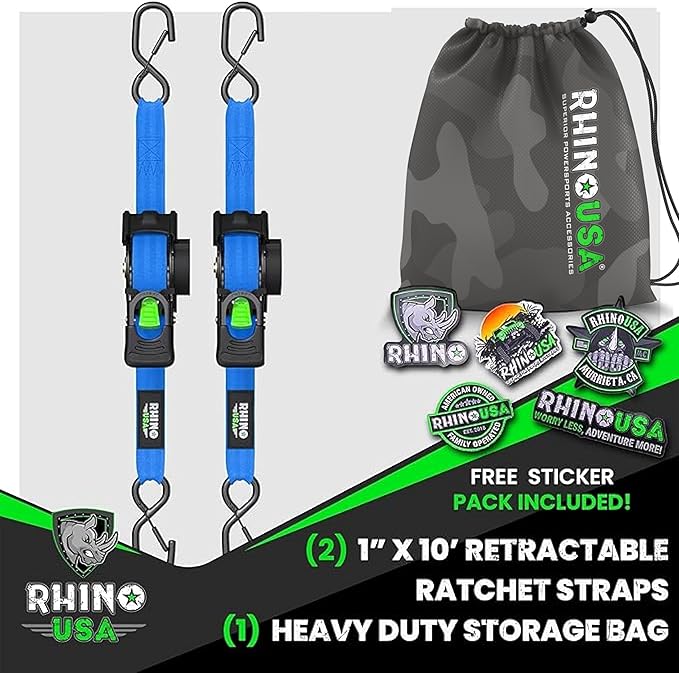 Rhino USA Retractable Ratchet Straps (2-Pack) - 1 Inch x 10 Feet (1,209lb Break Strength) - Auto Self Retracting Tie Down Straps for Truck, Cargo Trailer, Motorcycle, ATV, UTV - Blue