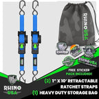 Rhino USA Retractable Ratchet Straps (2-Pack) - 1 Inch x 10 Feet (1,209lb Break Strength) - Auto Self Retracting Tie Down Straps for Truck, Cargo Trailer, Motorcycle, ATV, UTV - Blue