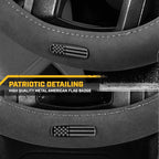 Cat® US Flag Leather Steering Wheel Cover w Metal Flag Emblem, Grey Leatherette, Standard 14.5–15.5 Inch, Non Slip Comfort, Car Steering Wheel Cover for Auto Truck SUV, Amiercan Flag Car Accessories