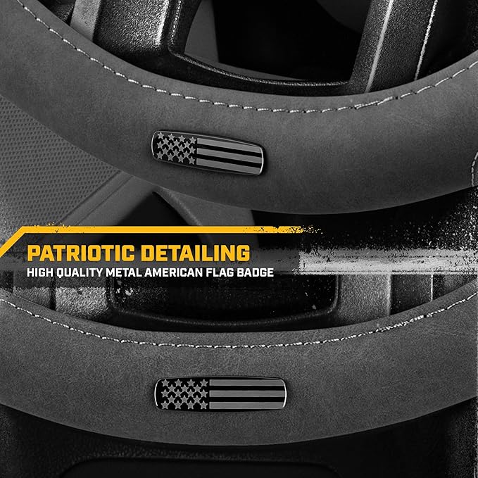 Cat® US Flag Leather Steering Wheel Cover w Metal Flag Emblem, Grey Leatherette, Standard 14.5–15.5 Inch, Non Slip Comfort, Car Steering Wheel Cover for Auto Truck SUV, Amiercan Flag Car Accessories