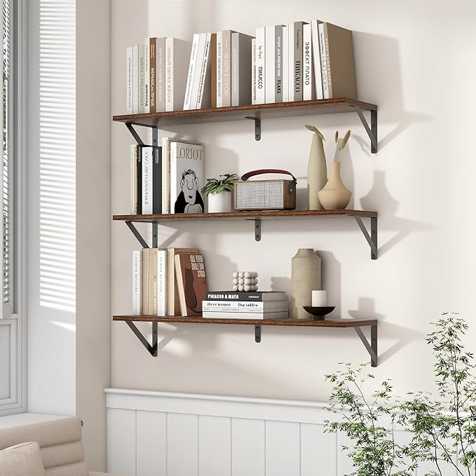 Axeman 32 Inch Floating Shelves | 8 Inch Deep Walnut Wall Shelves Set of 2 | 31.5W x 8D Rustic Wood Shelves for Bookshelf Liv