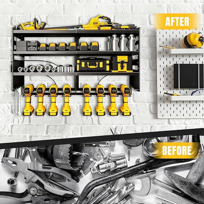 Heavy Duty Power Tool Organizer Wall Mount with Charging Station, 4 Layer Tool Storage Rack with 8 Drill Holder & Power Strip