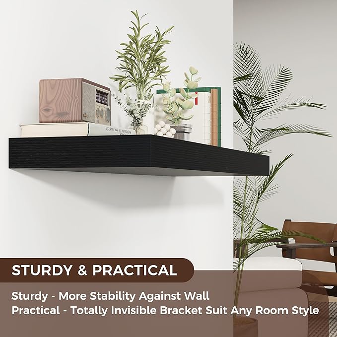 Floating Shelves for Wall, 40" W x 12" D x 2" H, 1 Pack of Long Wall Mounted Engineered Wood Shelves with Invisible Brackets 