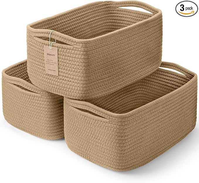 3-Pack Storage Baskets for Organizing | Woven Shelf Toy Basket | Rope Baskets for Gifts Empty | Closet Organizer Bins with Ha