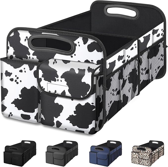 Femuar Car Trunk Organizer, Cow Print, Vintage Style, 52L Capacity, 4 Compartments, Waterproof, Non-Slip, Collapsible, 22.5D x