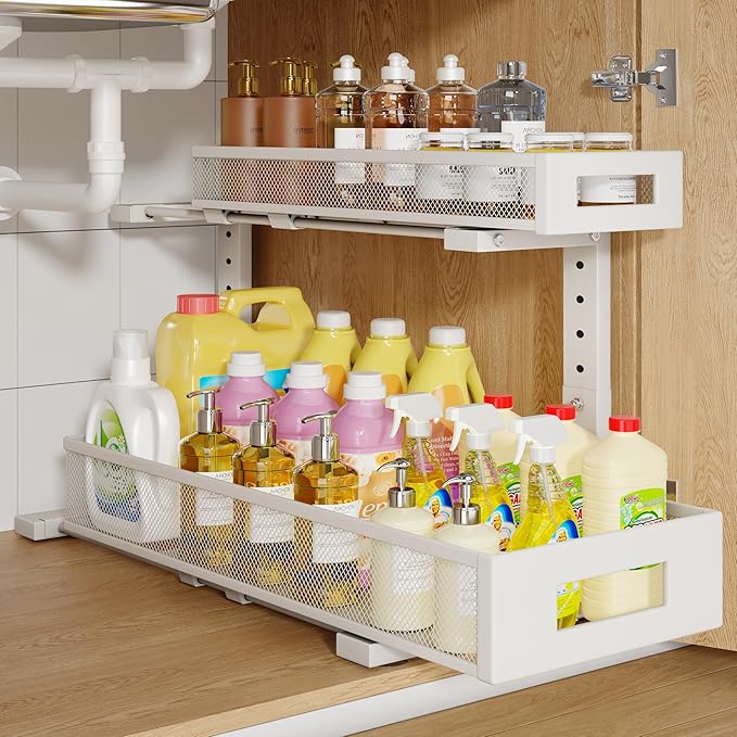 1 Pack 20.47IN Depth Under Sink Storage Organizer, Large 2-Tier Elegant Mesh Pull Out Shelf for Kitchen and Bathroom Cabinet 