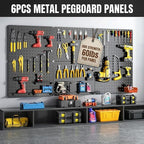 Peg Board, 112PCS Heavy Duty Metal Pegboard with Hooks, 6 Pack Black Peg Board Panels, 60lbs Load Capacity Each, Pegboard Wal