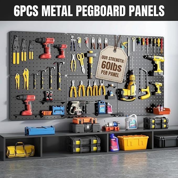 Peg Board, 112PCS Heavy Duty Metal Pegboard with Hooks, 6 Pack Black Peg Board Panels, 60lbs Load Capacity Each, Pegboard Wal