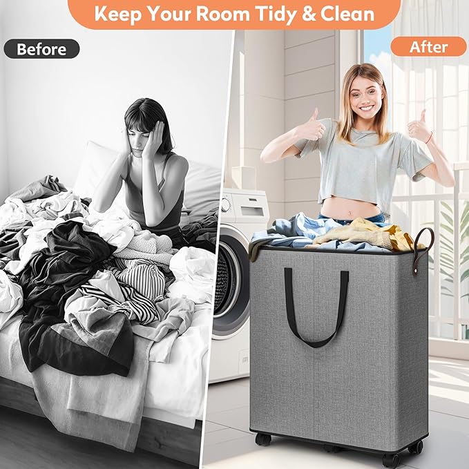 SpaceTrove Laundry Basket with Wheels, Collapsible Laundry Baskets, Laundry Hamper with Handles Detachable Wheels, Rolling La